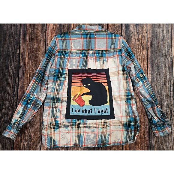 Old Navy Tops - OOAK Upcycled Flannel Shacket Shirt Sarcastic Cat Distressed Applique Humor Sz L